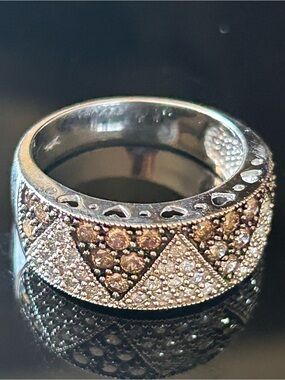 10k White Gold Champagne & Clear Diamond Geometric Wide Band Ring 5.62 grams